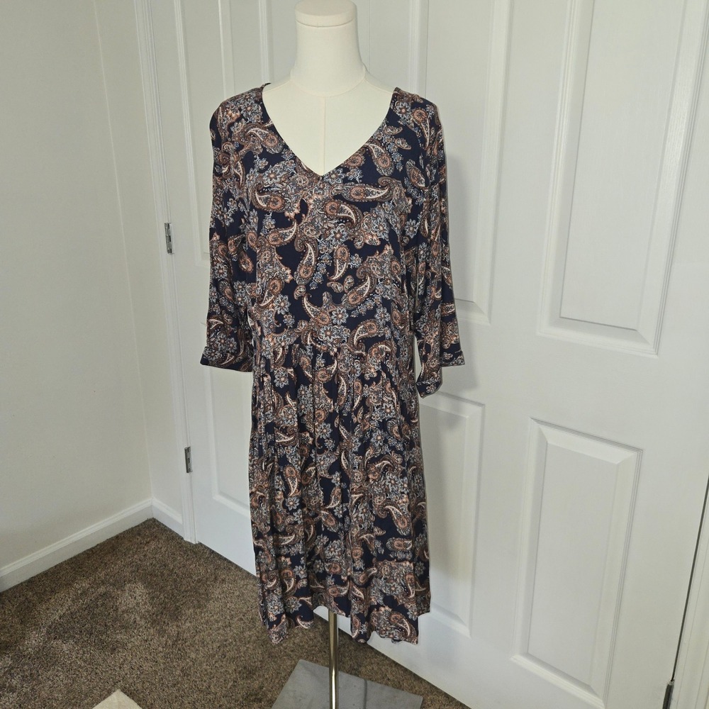 Garnet Hill Paisley Midi Dress Womens 14 Navy Blue V-Neck 3/4 Sleeve Pockets